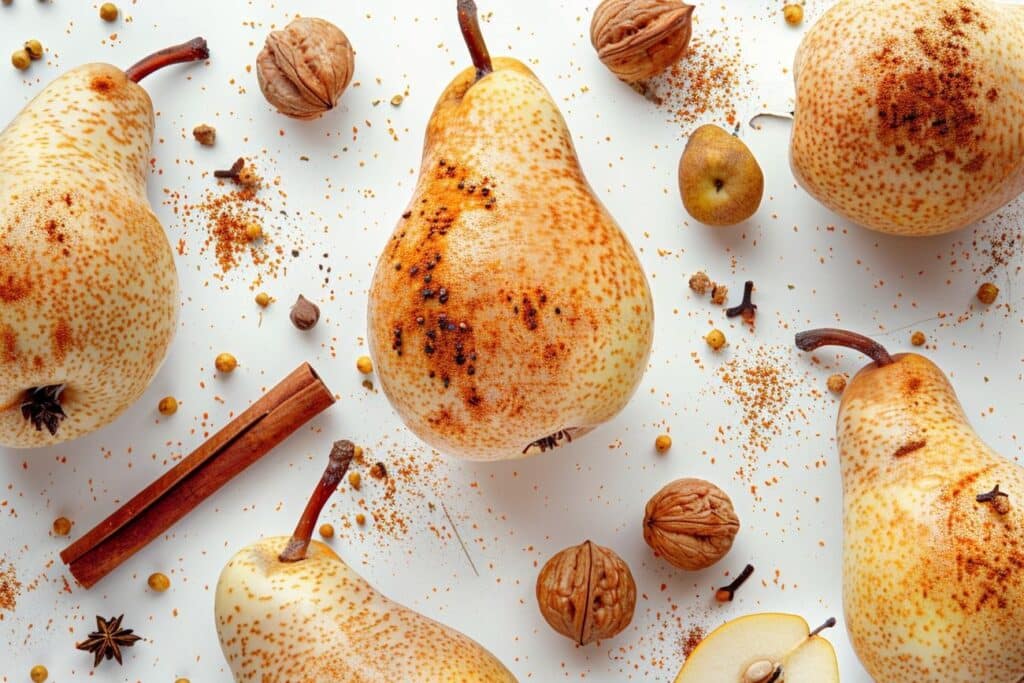 Fruits d’or sur lit croquant : Poires gratinées à la noisette et aux épices