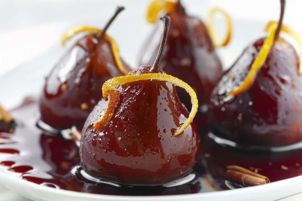 Nuit velours : Poires pochées au vin, cannelle et écorces d’agrumes
