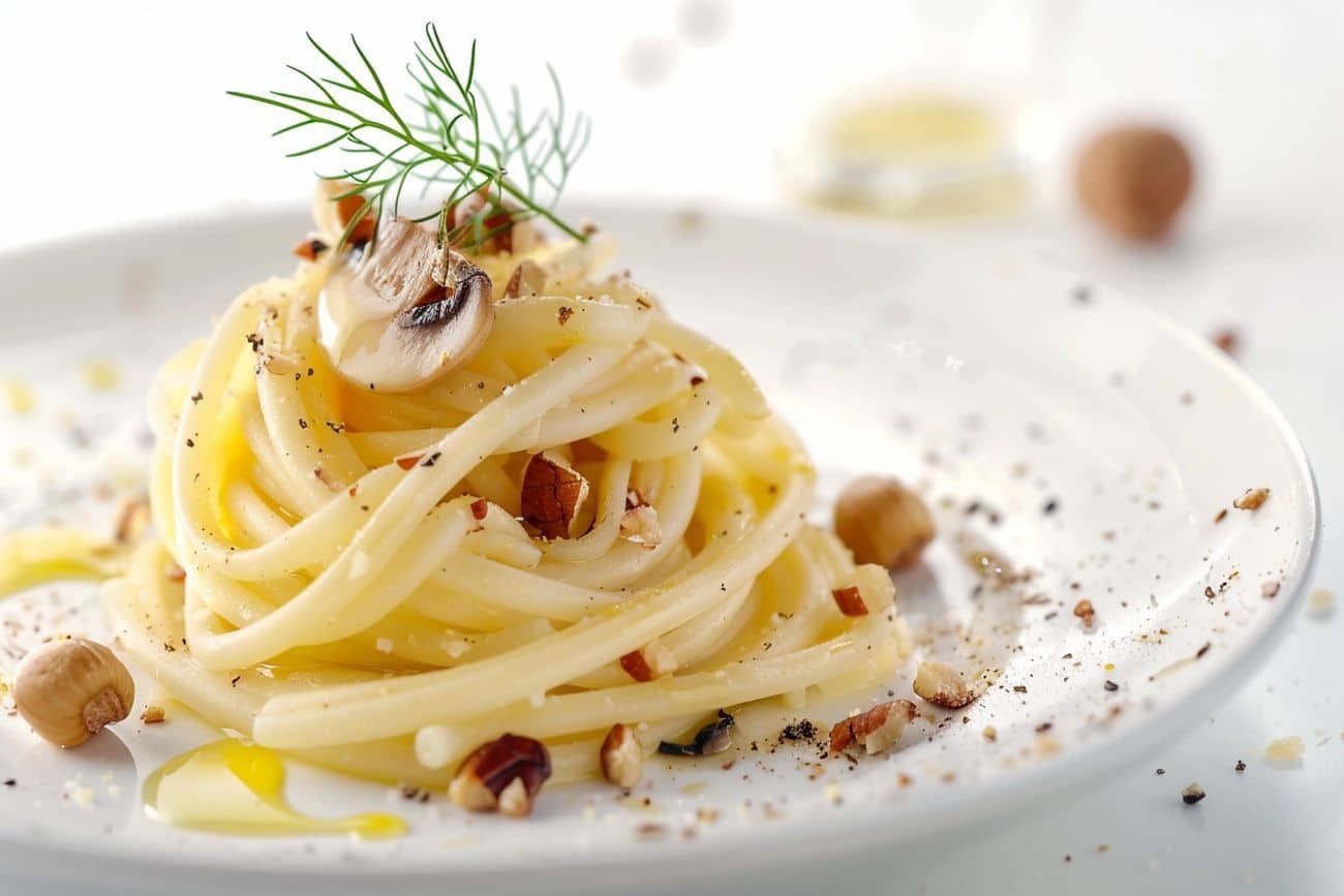 Pâtes crémeuses aux champignons et éclats de noisettes