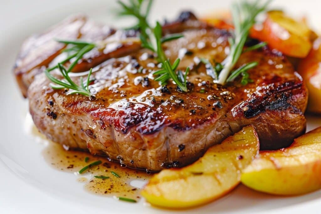 Côte de porc aux pommes fondantes et éclats de romarin