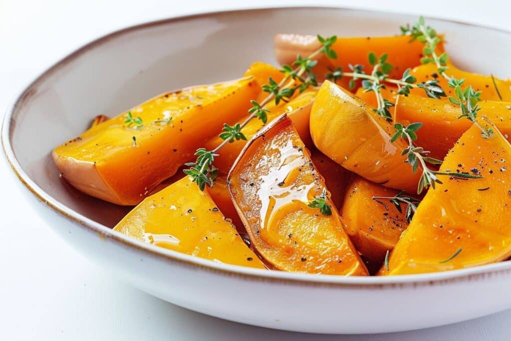 Butternut fondante au four, miel, thym et éclats de noisettes