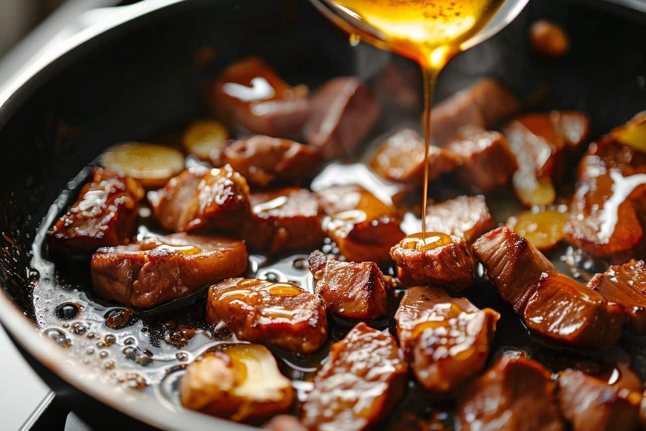 Sauté de porc caramélisé au miel et au gingembre